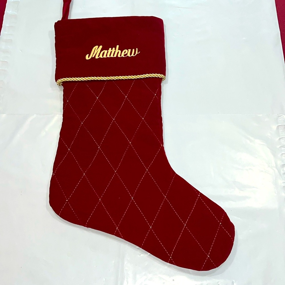 Matthew RED Velvet STOCKING GOLD stitch embroidery Christmas COTTON lined thick